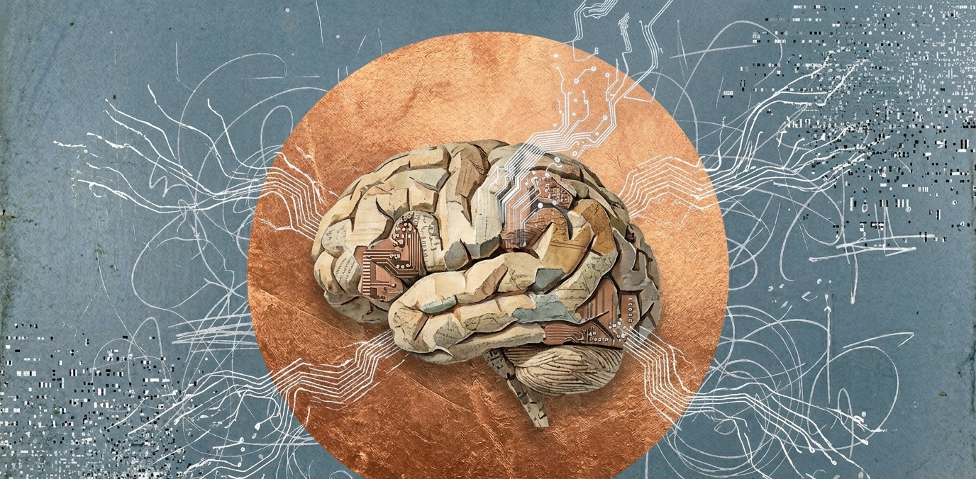 Human brain made of torn vintage paper and circuit fragments dissolving into digital noise