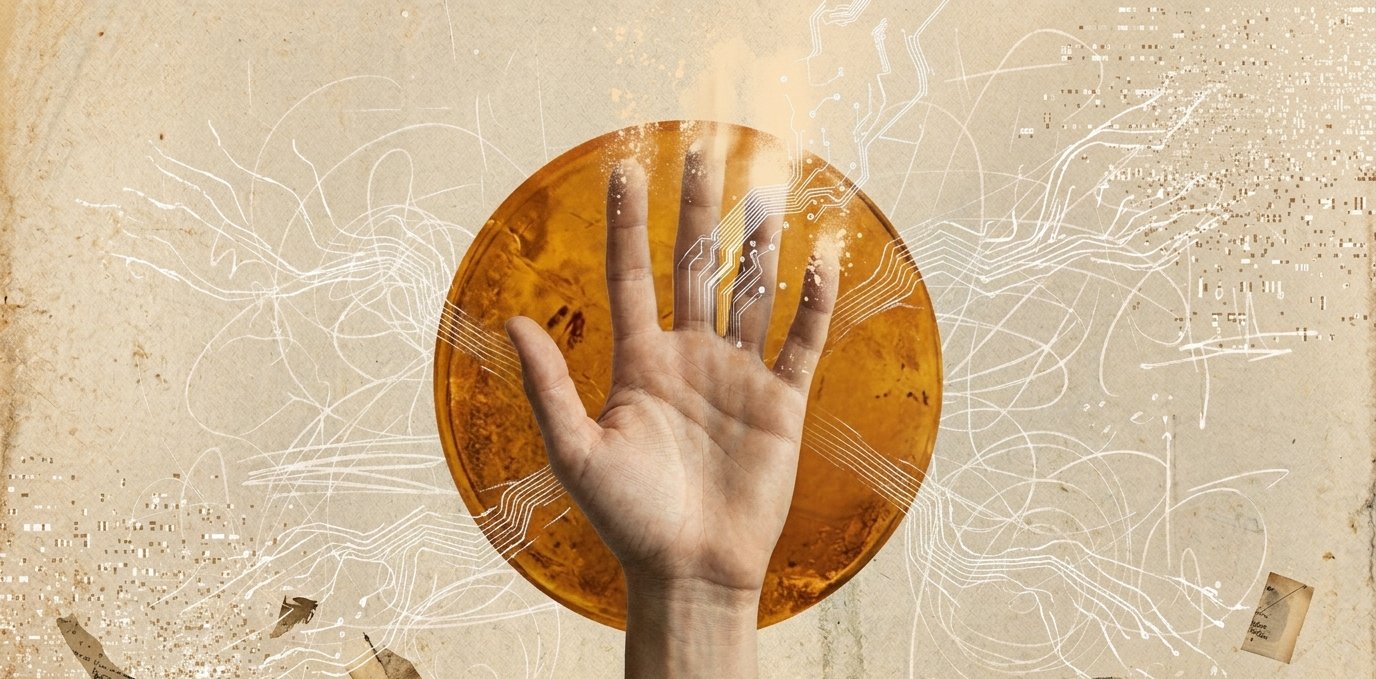 Human hand reaching upward with fingers dissolving into soft amber light