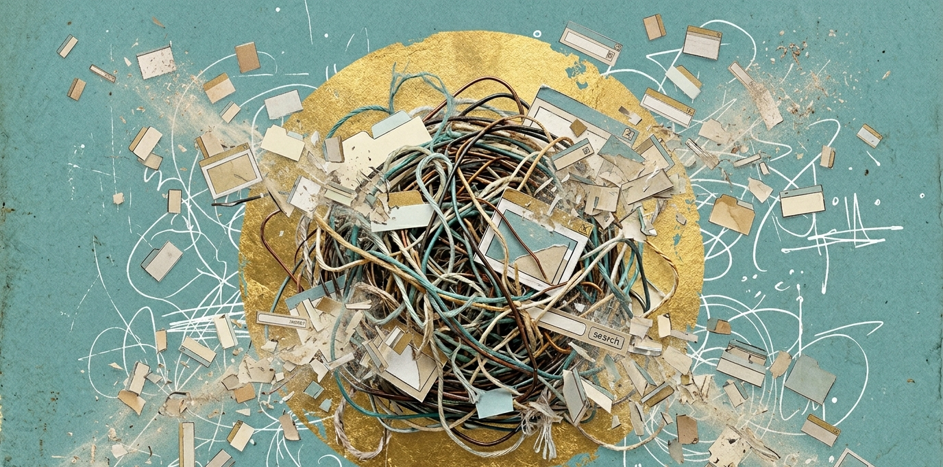 Tangled wire with browser tab fragments caught inside