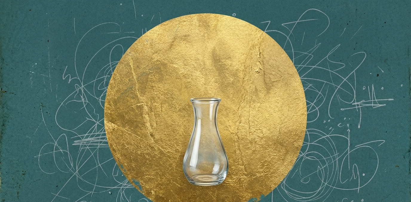 Single empty glass vessel on dark teal background representing mental clarity