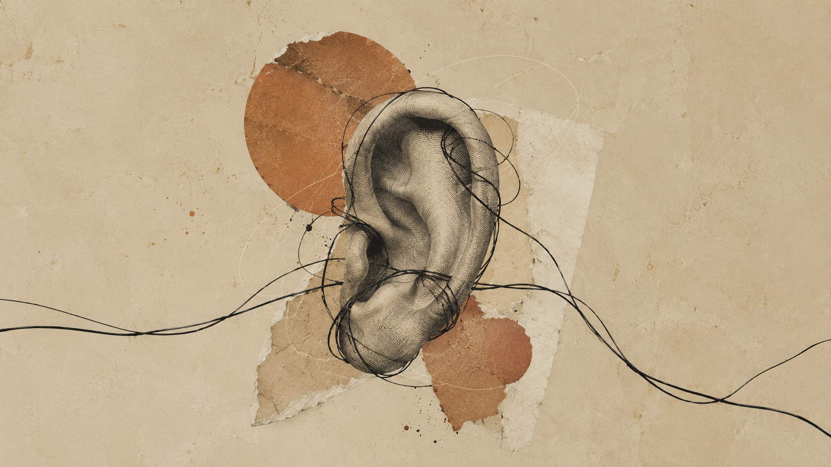 Antique ear illustration with cable lines wrapping around it like vines