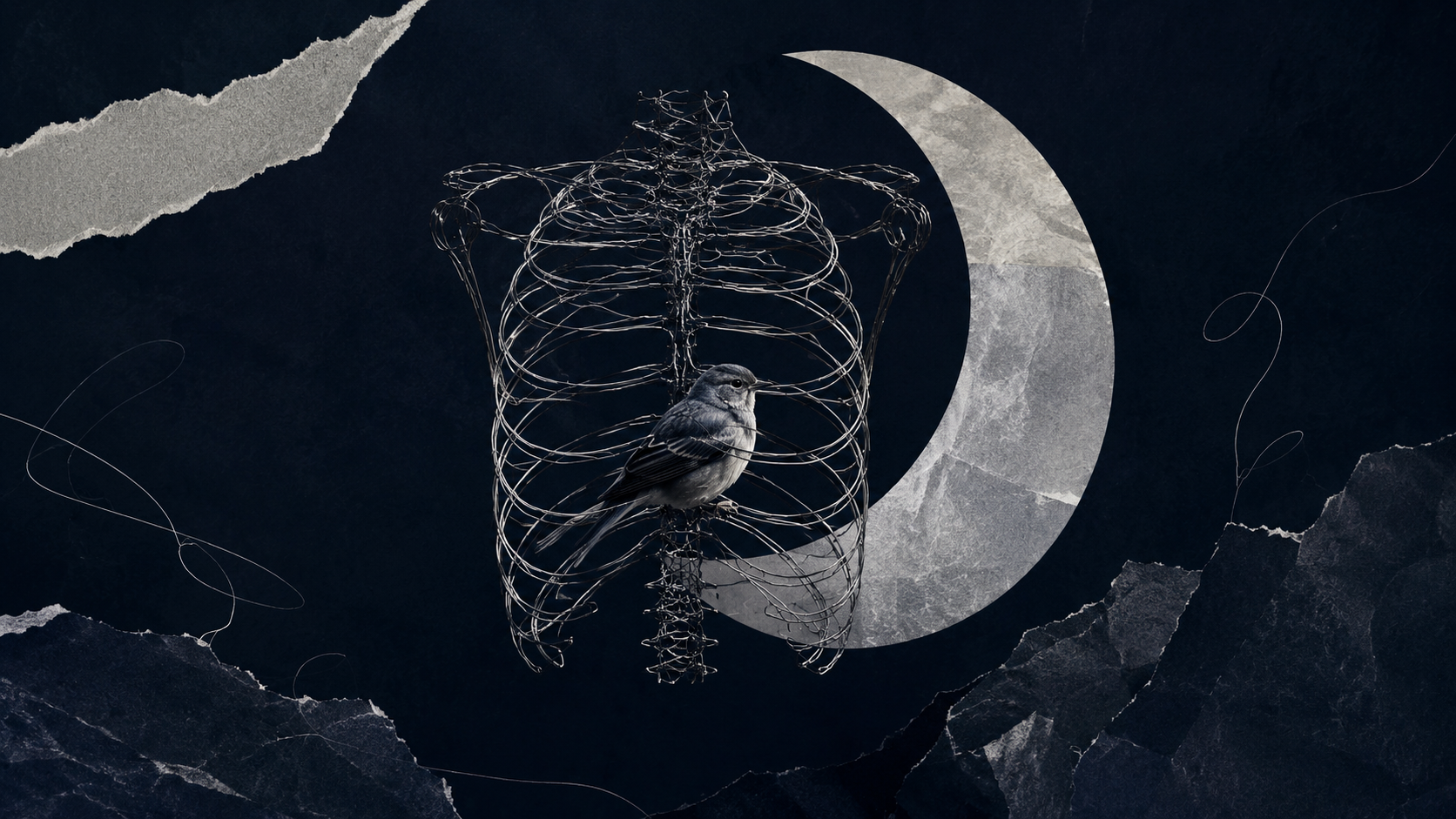 Bird perched inside wire ribcage on dark navy background representing isolation