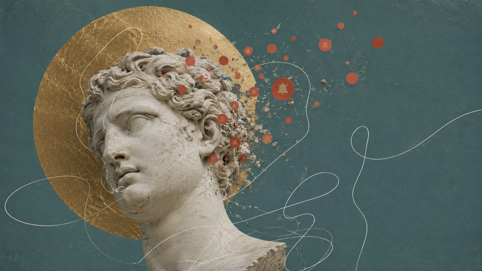 Marble head with red notification dots orbiting like satellites