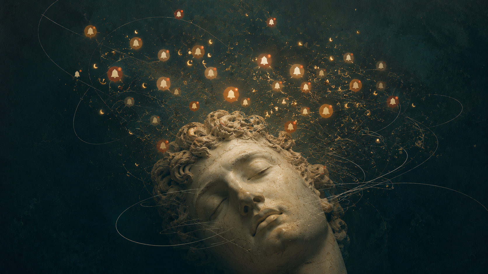 Sleeping marble face with glowing notifications floating above