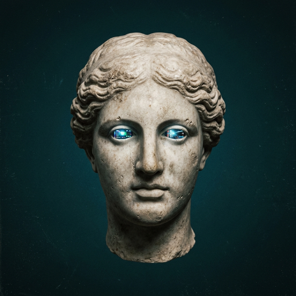 Surreal collage of a classical marble bust with small glowing screens reflected in its eyes