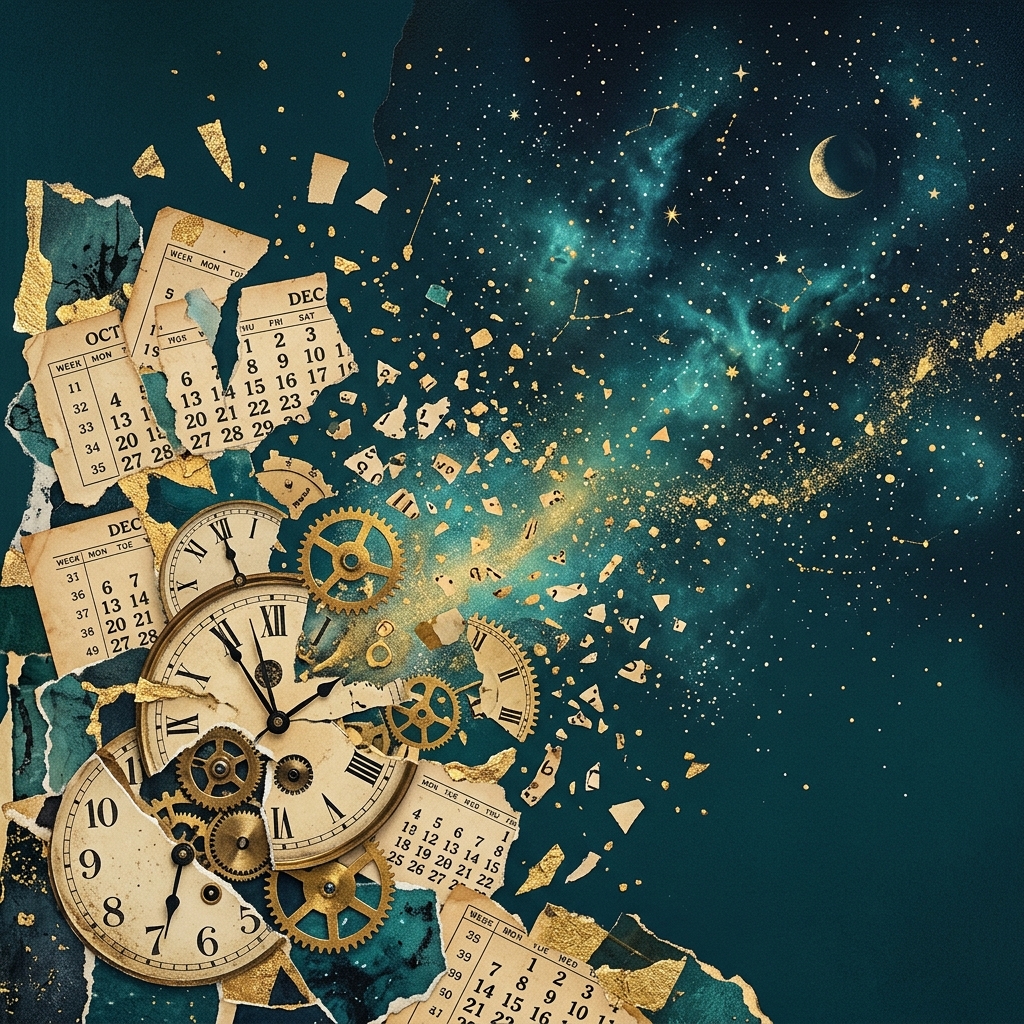 Surreal collage showing calendar pages and clock faces dissolving into a dark teal sky